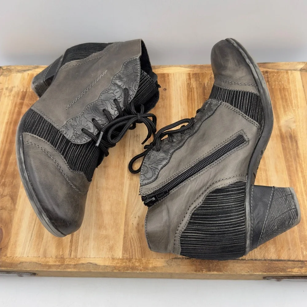 Remonte Ankle Boots Gray Leather Corduroy Victorian Lace Up Zip 37 6.5/7 Gothic